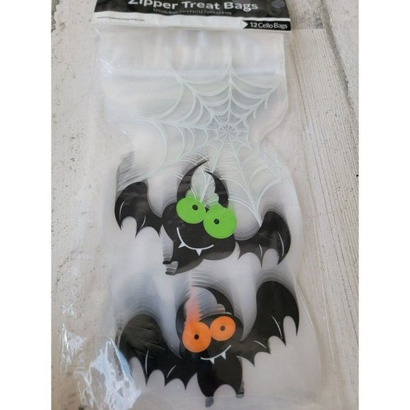Halloween bat green orange zipper treat bag set spider web - Picture 2 of 4
